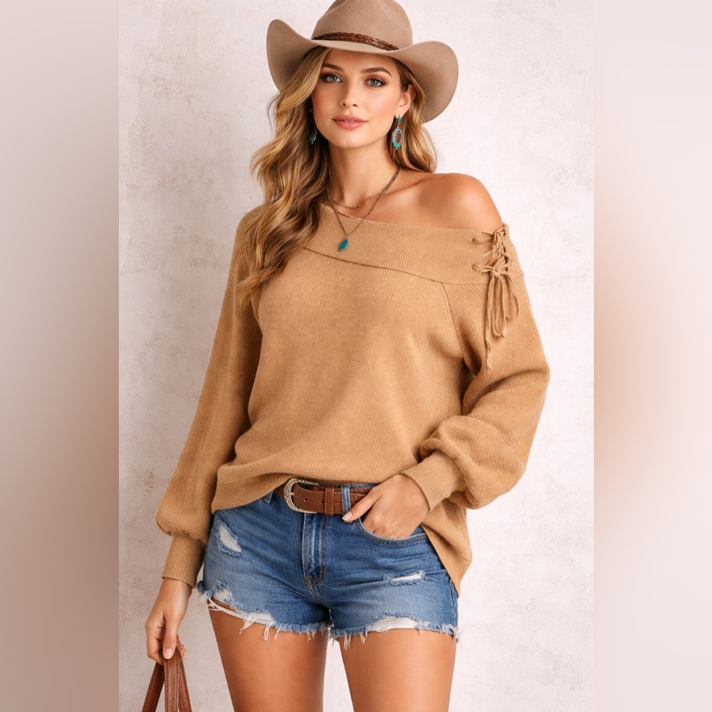 ✨🤠 UMGEE Off Shoulder Lace Up Western Boho Knit Sweater Tan Small 🤠✨‎